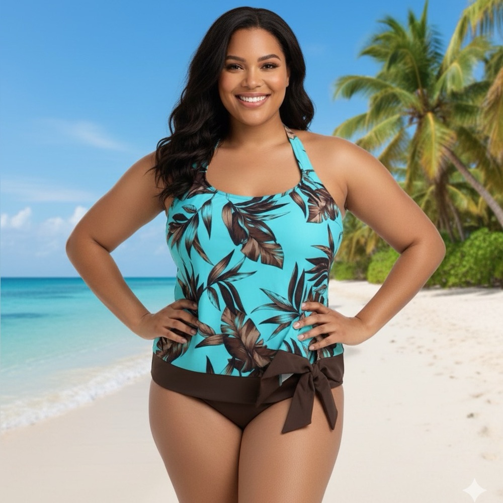 Jamaica Bay Teal Brown Leaves Swim Halter Top, Brown Hem, Side Ties, M/L